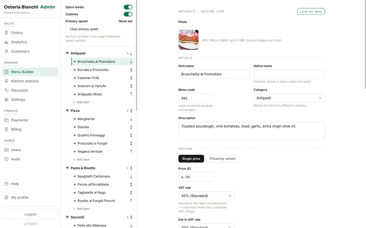 Nomvo menu builder