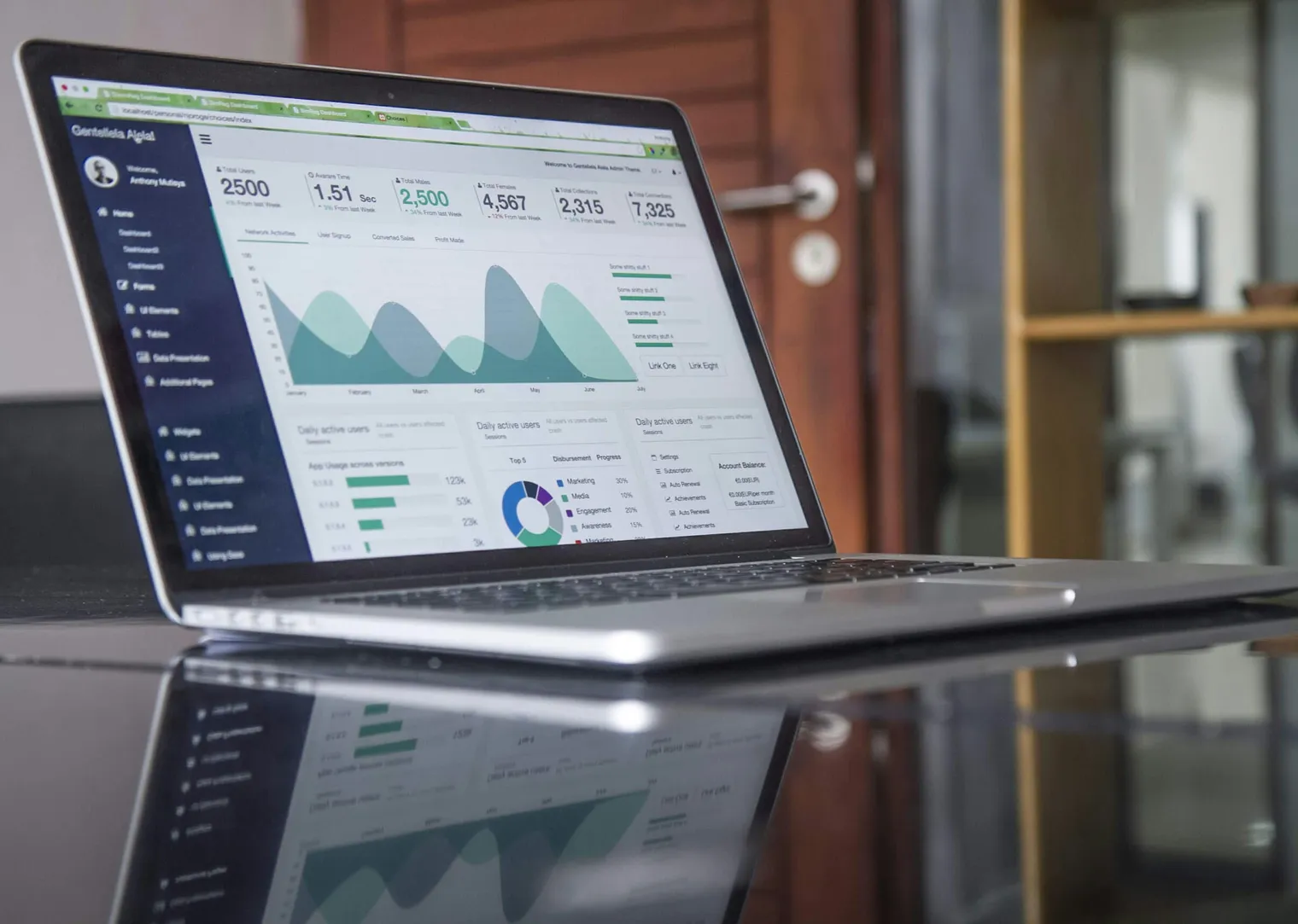 A laptop showing charts and dashboard data on a glass table