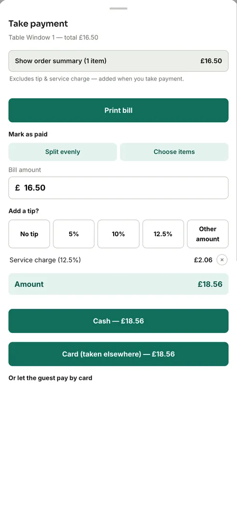 Server app taking payment for a table